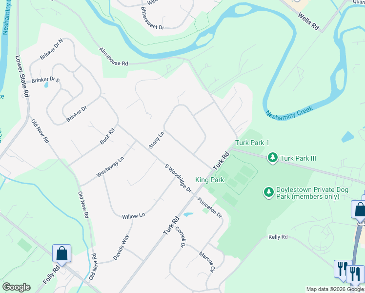 map of restaurants, bars, coffee shops, grocery stores, and more near 53 Pebble Ridge Road in Warrington