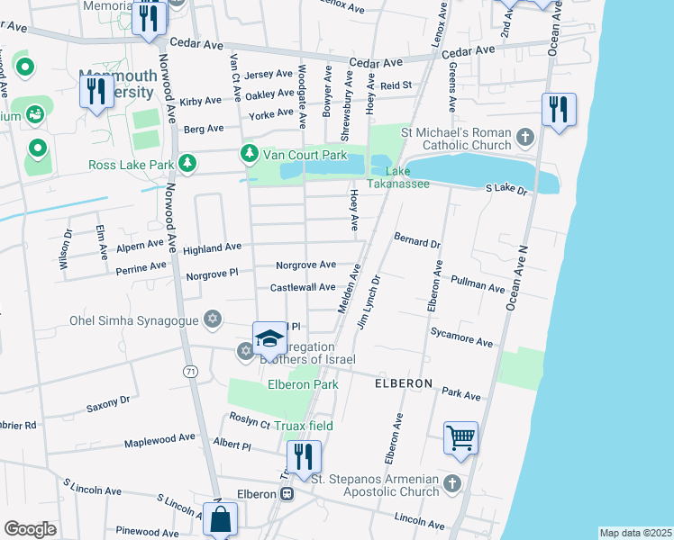 map of restaurants, bars, coffee shops, grocery stores, and more near 194 Norgrove Avenue in Long Branch