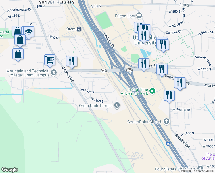 map of restaurants, bars, coffee shops, grocery stores, and more near 1094 West 1290 South in Orem