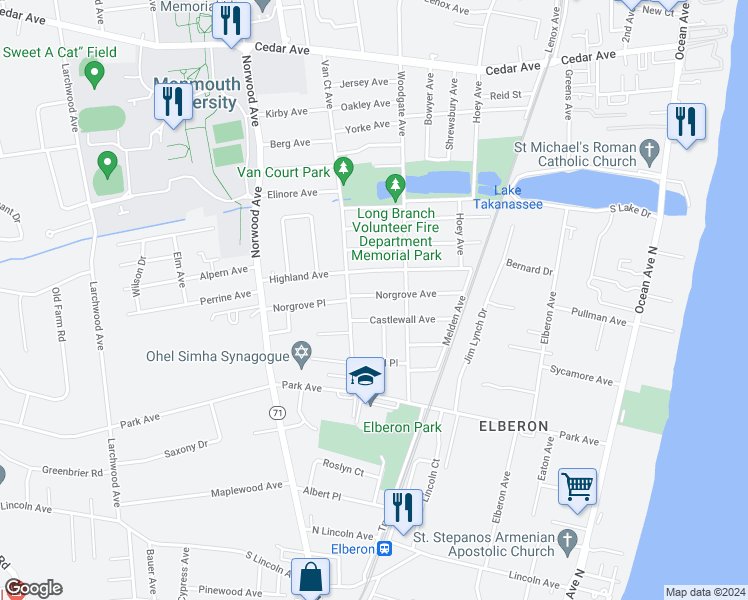 map of restaurants, bars, coffee shops, grocery stores, and more near 264 Norgrove Avenue in Long Branch