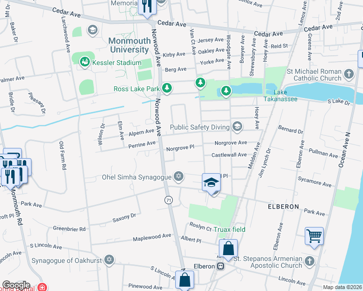 map of restaurants, bars, coffee shops, grocery stores, and more near 301 Norgrove Place in Long Branch