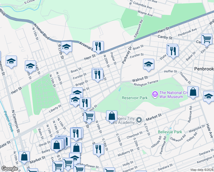 map of restaurants, bars, coffee shops, grocery stores, and more near 1913 North Street in Harrisburg