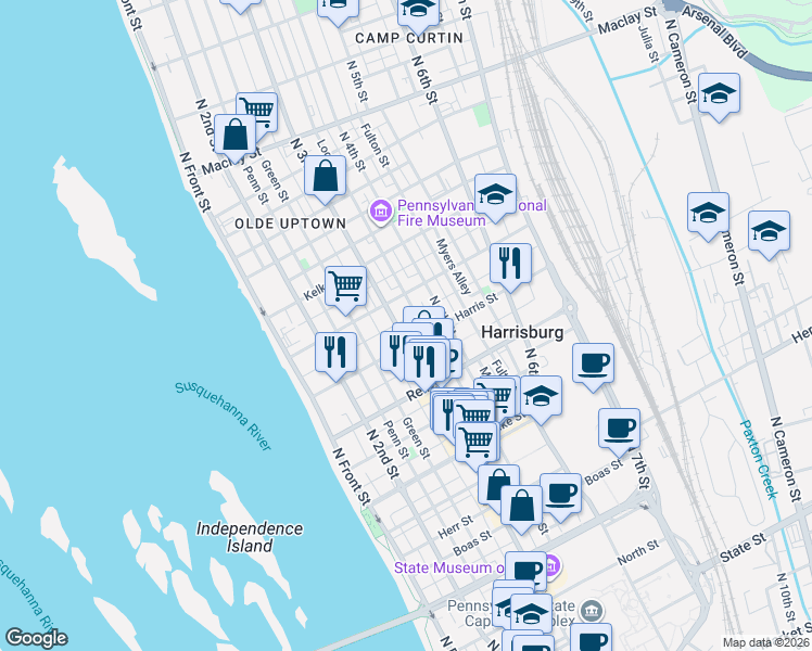 map of restaurants, bars, coffee shops, grocery stores, and more near 1619 North 3rd Street in Harrisburg