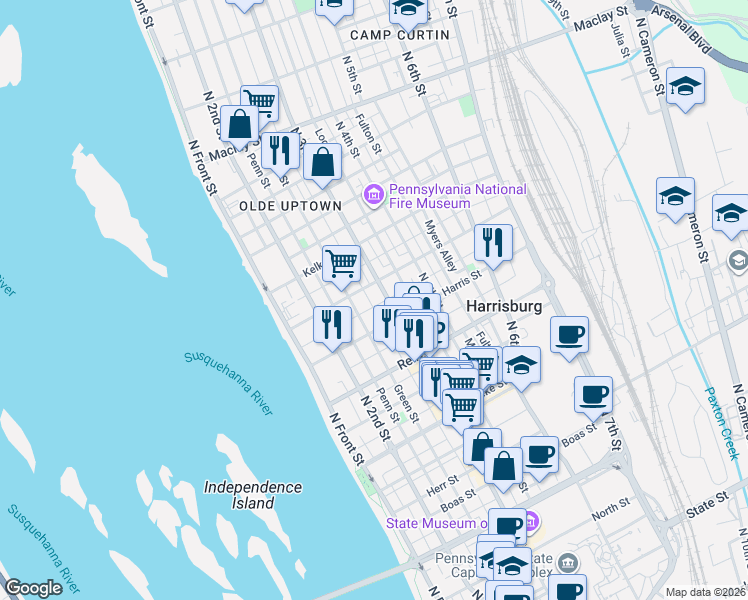 map of restaurants, bars, coffee shops, grocery stores, and more near in Harrisburg