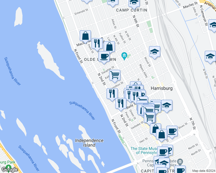 map of restaurants, bars, coffee shops, grocery stores, and more near 1704 Penn Street in Harrisburg