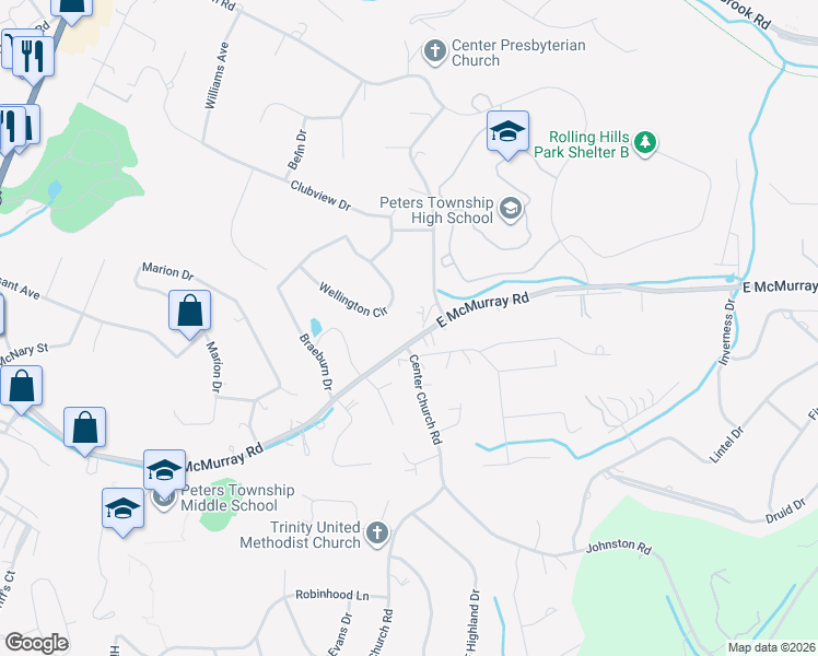 map of restaurants, bars, coffee shops, grocery stores, and more near 357 East McMurray Road in McMurray