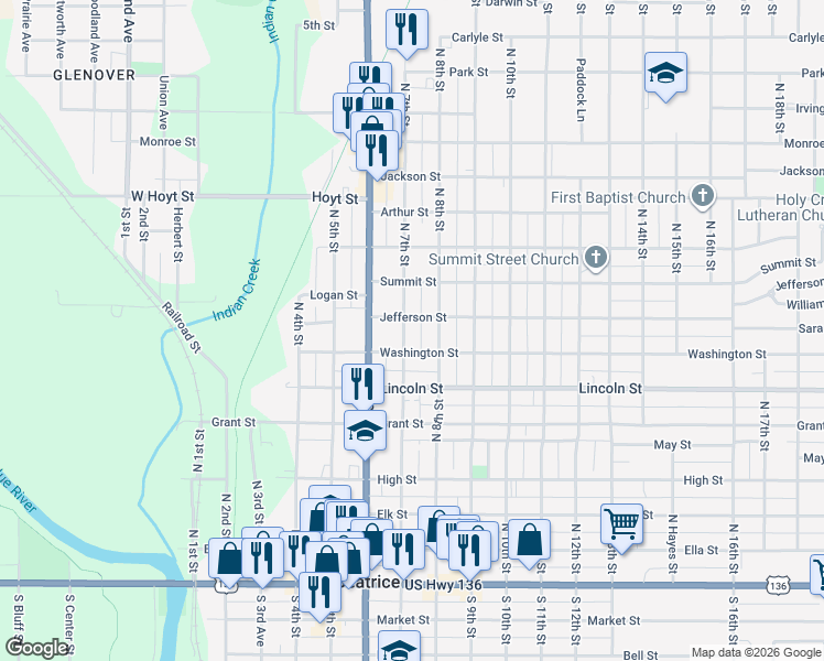 map of restaurants, bars, coffee shops, grocery stores, and more near 723 North 7th Street in Beatrice
