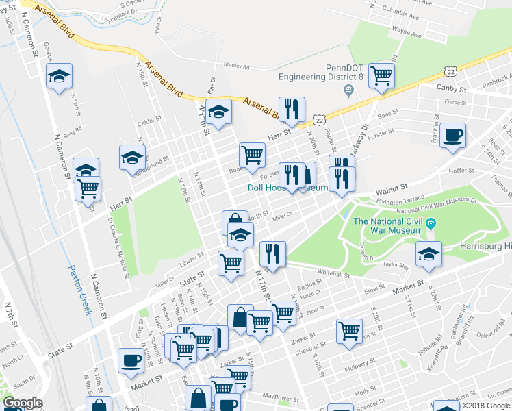 map of restaurants, bars, coffee shops, grocery stores, and more near 714 North 18th Street in Harrisburg