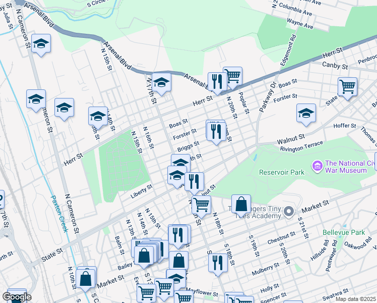 map of restaurants, bars, coffee shops, grocery stores, and more near 714 North 18th Street in Harrisburg