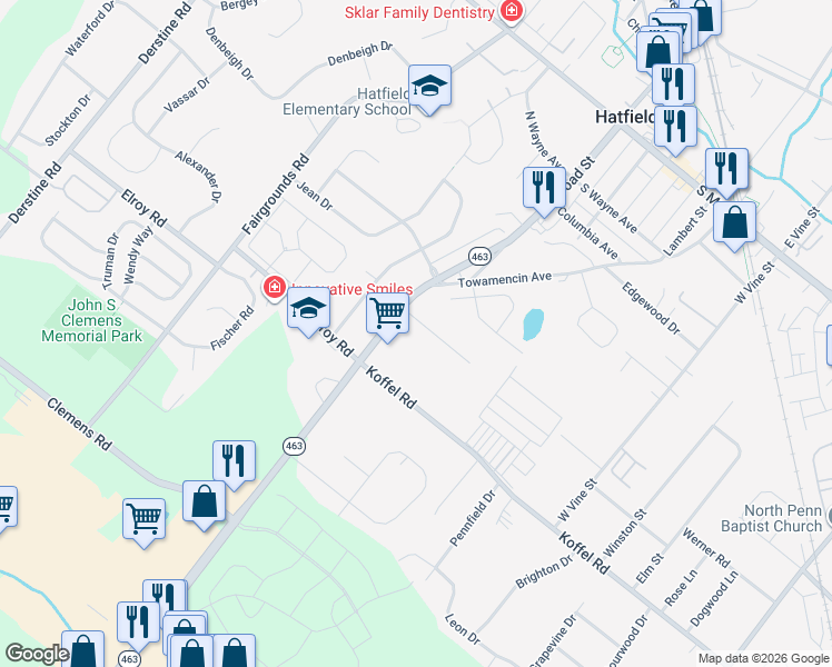 map of restaurants, bars, coffee shops, grocery stores, and more near 2406 Farview Ave in Hatfield