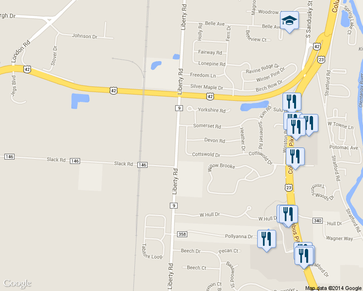map of restaurants, bars, coffee shops, grocery stores, and more near 285 Cottswold Drive in Delaware