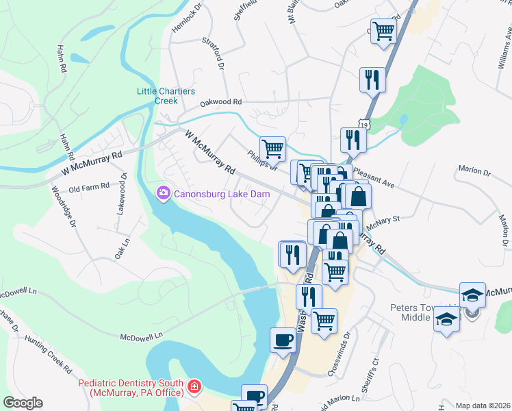 map of restaurants, bars, coffee shops, grocery stores, and more near 134 Cranmoor Access Lane 1 in Canonsburg