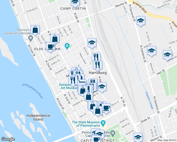 map of restaurants, bars, coffee shops, grocery stores, and more near 1533 Fulton Street in Harrisburg