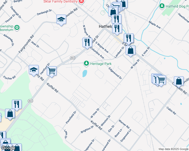 map of restaurants, bars, coffee shops, grocery stores, and more near 371 Wheatfield Circle in Hatfield
