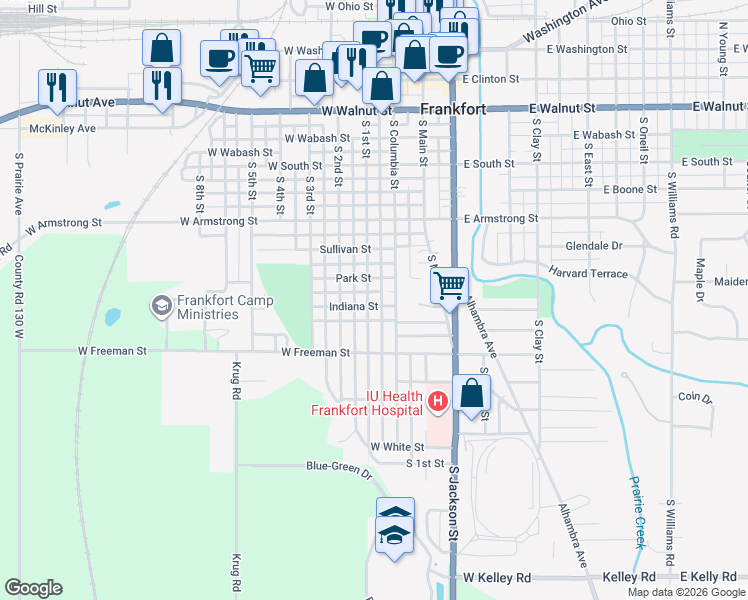 map of restaurants, bars, coffee shops, grocery stores, and more near 857 South 1st Street in Frankfort