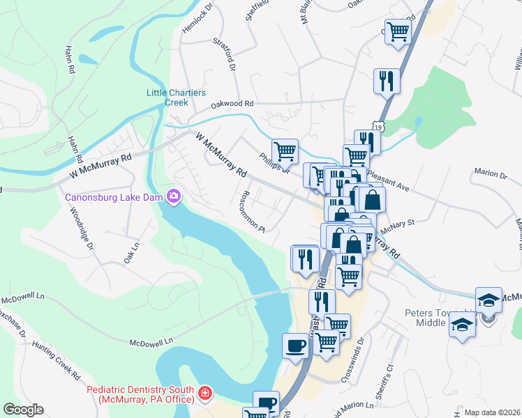 map of restaurants, bars, coffee shops, grocery stores, and more near 134 Cranmoor Access Lane 1 in Canonsburg