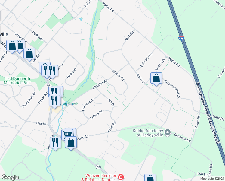 map of restaurants, bars, coffee shops, grocery stores, and more near 322 Manor Rd in Harleysville