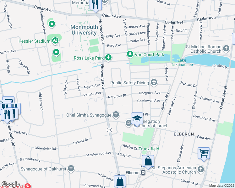 map of restaurants, bars, coffee shops, grocery stores, and more near 301 Norgrove Place in Long Branch