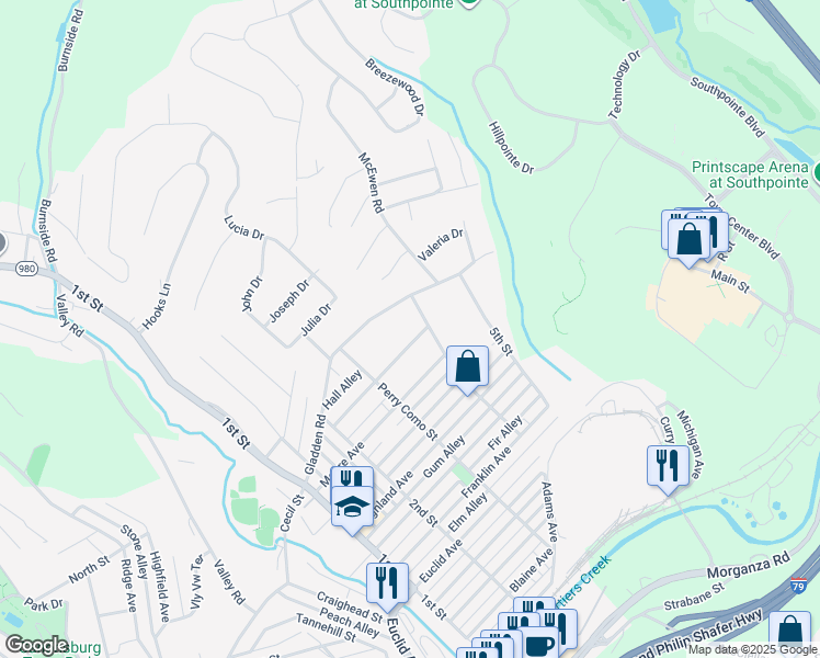 map of restaurants, bars, coffee shops, grocery stores, and more near 631 Weaver Avenue in Canonsburg