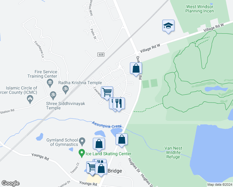 map of restaurants, bars, coffee shops, grocery stores, and more near 71 Oneill Court in Lawrence Township