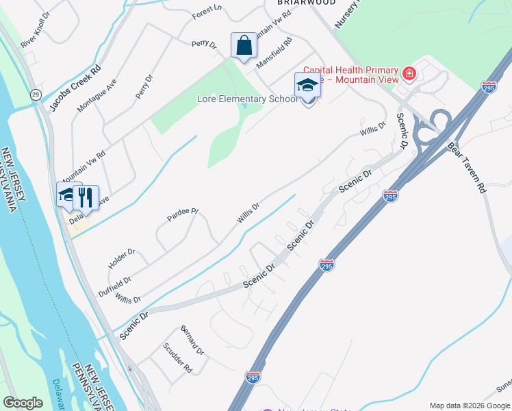 map of restaurants, bars, coffee shops, grocery stores, and more near 51 Willis Drive in Trenton