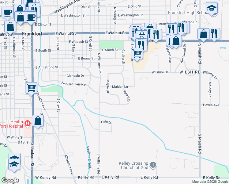 map of restaurants, bars, coffee shops, grocery stores, and more near 903 Maple Drive in Frankfort
