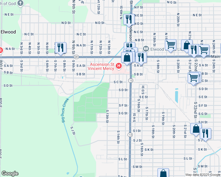 map of restaurants, bars, coffee shops, grocery stores, and more near 1302 South D Street in Elwood