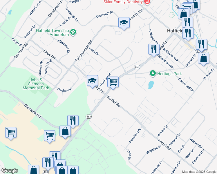 map of restaurants, bars, coffee shops, grocery stores, and more near in Hatfield