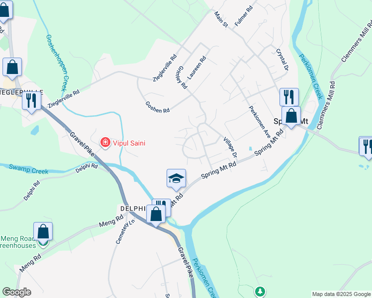 map of restaurants, bars, coffee shops, grocery stores, and more near 34 Aspen Way in Schwenksville