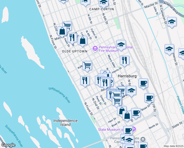map of restaurants, bars, coffee shops, grocery stores, and more near 231 Hamilton Street in Harrisburg