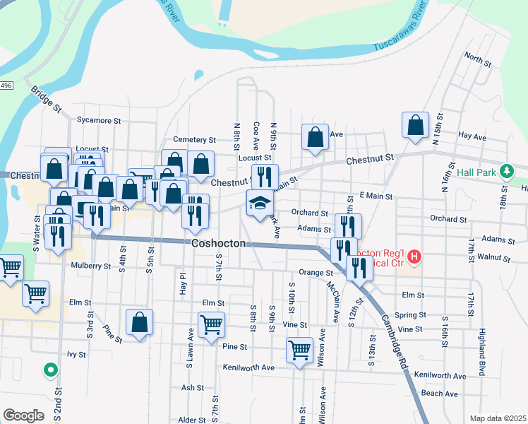 map of restaurants, bars, coffee shops, grocery stores, and more near 131 Park Avenue in Coshocton