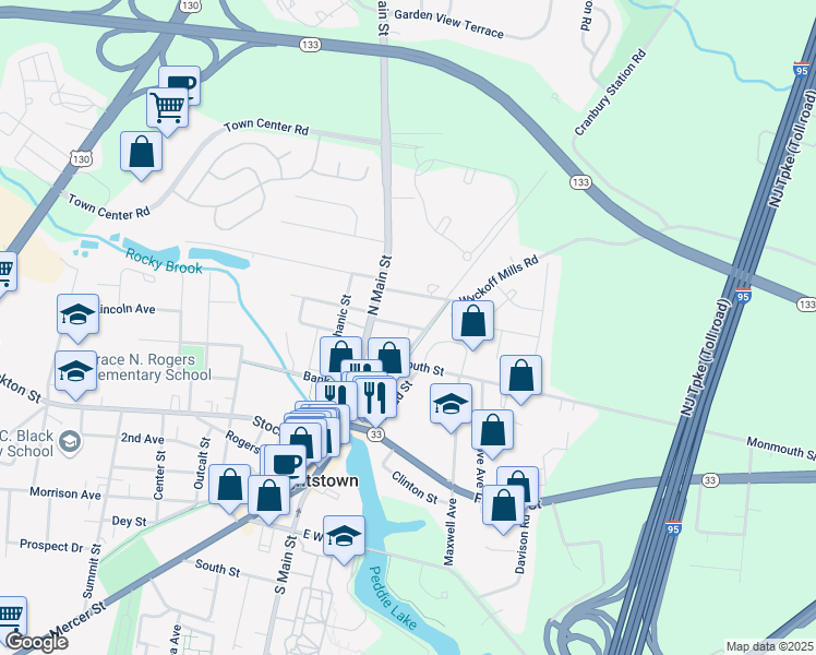 map of restaurants, bars, coffee shops, grocery stores, and more near 132 William Street in Hightstown