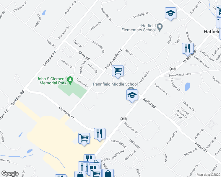 map of restaurants, bars, coffee shops, grocery stores, and more near 2766 Fischer Road in Hatfield