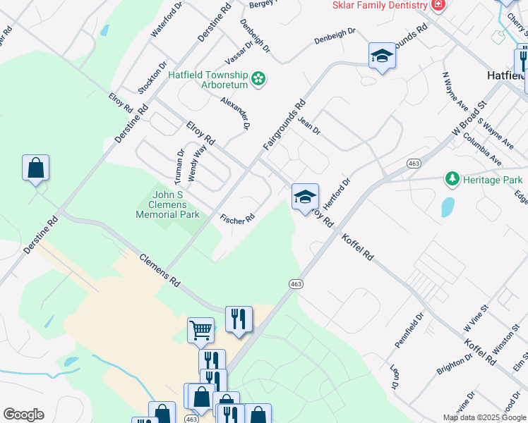 map of restaurants, bars, coffee shops, grocery stores, and more near 2766 Fischer Road in Hatfield