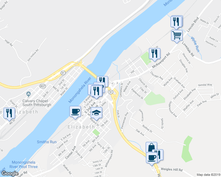 map of restaurants, bars, coffee shops, grocery stores, and more near 216 South 2nd Avenue in Elizabeth
