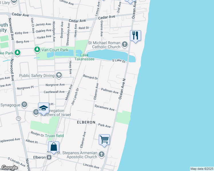 map of restaurants, bars, coffee shops, grocery stores, and more near 74 Pullman Avenue in Long Branch