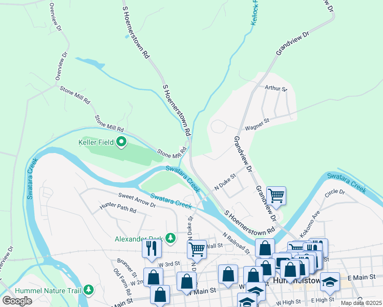map of restaurants, bars, coffee shops, grocery stores, and more near 48 South Hoernerstown Road in Hummelstown