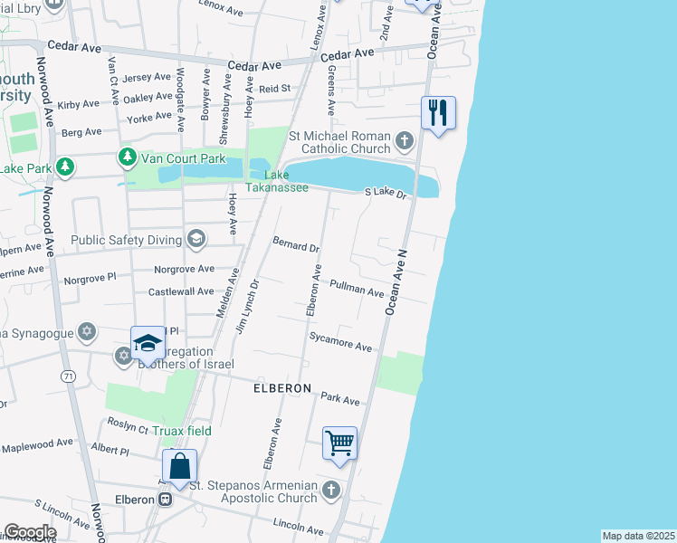 map of restaurants, bars, coffee shops, grocery stores, and more near 74 Pullman Ave in Long Branch