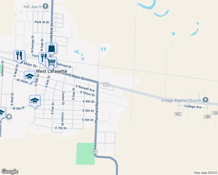 map of restaurants, bars, coffee shops, grocery stores, and more near 631 East Main Street in West Lafayette