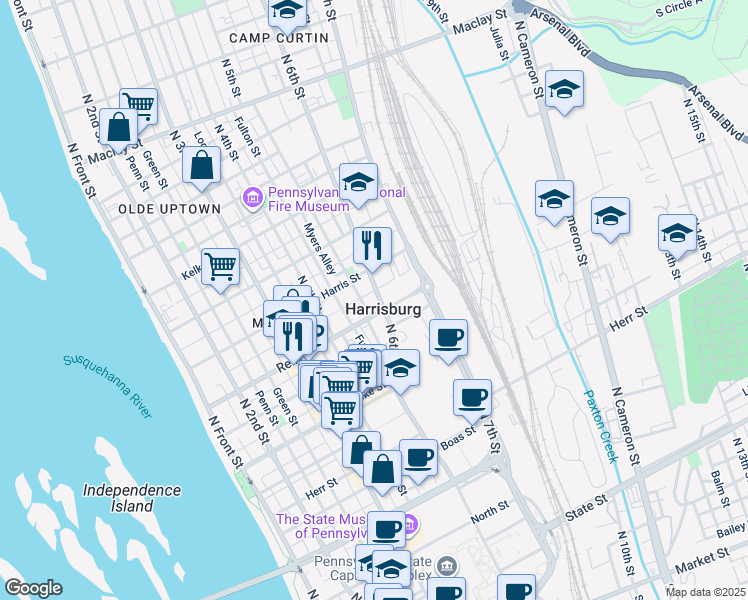 map of restaurants, bars, coffee shops, grocery stores, and more near in Harrisburg