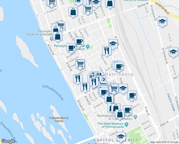 map of restaurants, bars, coffee shops, grocery stores, and more near 1619 North 3rd Street in Harrisburg