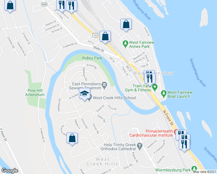 map of restaurants, bars, coffee shops, grocery stores, and more near 777 Erford Road in Camp Hill