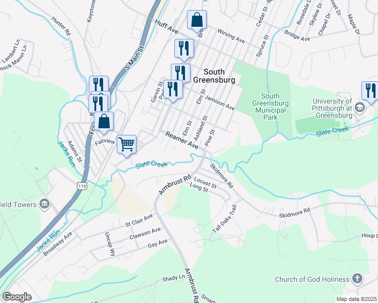 map of restaurants, bars, coffee shops, grocery stores, and more near 620 Reamer Avenue in Greensburg