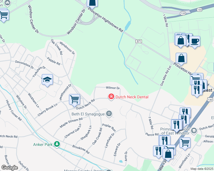 map of restaurants, bars, coffee shops, grocery stores, and more near 20 Wilmor Drive in East Windsor