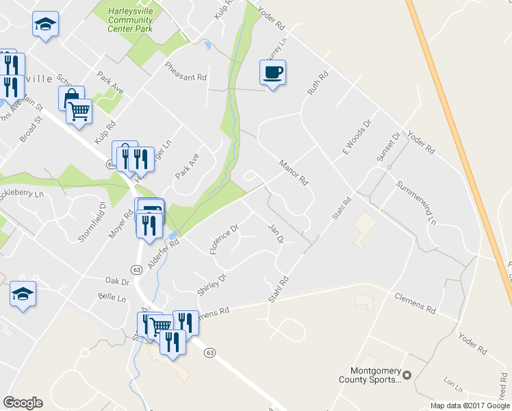 map of restaurants, bars, coffee shops, grocery stores, and more near 293 Jan Drive in Harleysville