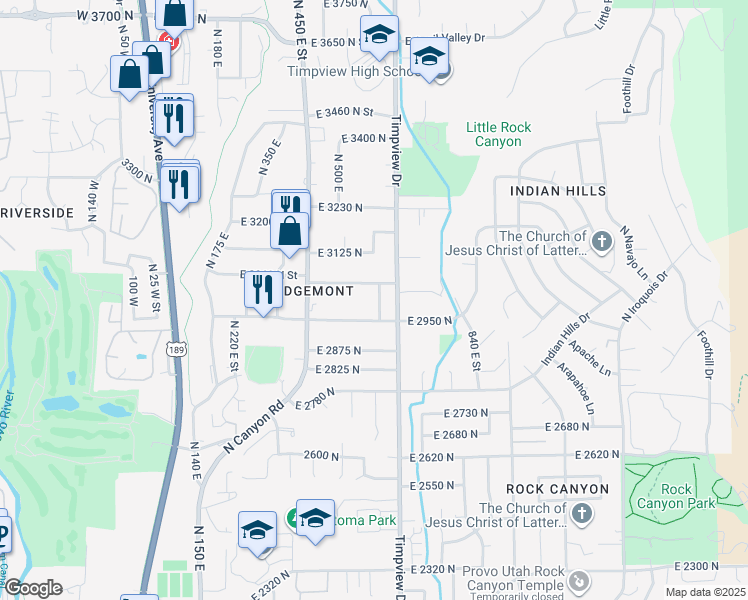 map of restaurants, bars, coffee shops, grocery stores, and more near 3025 North 600 East in Provo
