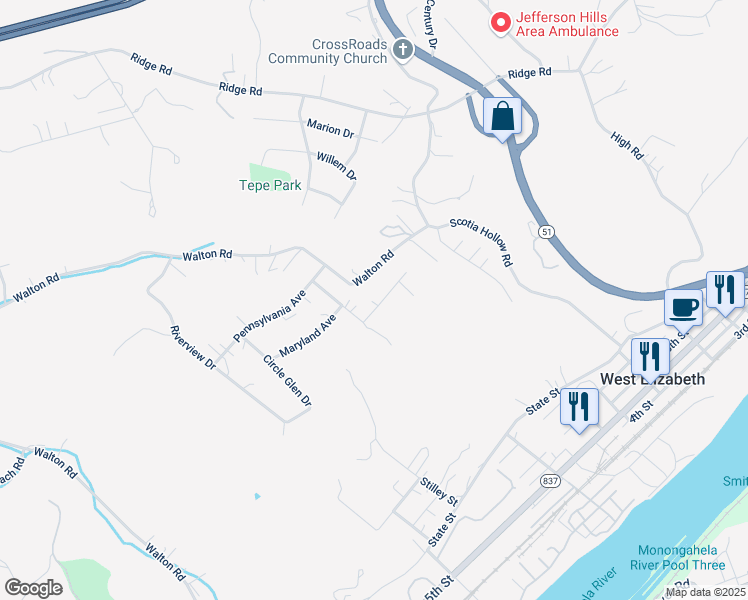 map of restaurants, bars, coffee shops, grocery stores, and more near 3009 Ohio Avenue in Finleyville