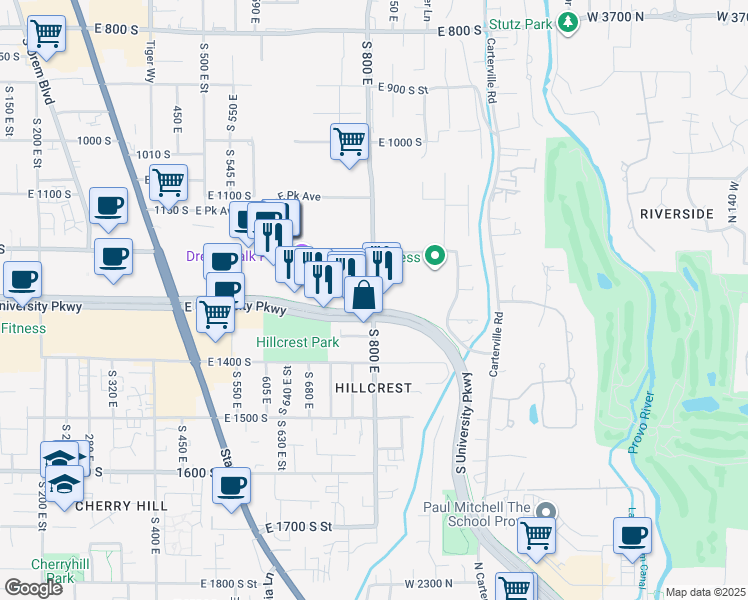 map of restaurants, bars, coffee shops, grocery stores, and more near 1281 South 800 East in Orem