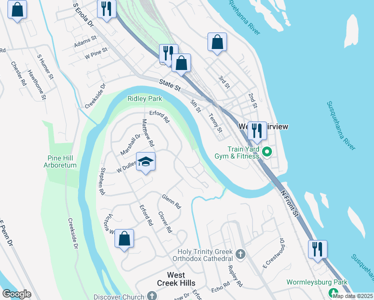 map of restaurants, bars, coffee shops, grocery stores, and more near 777 Erford Road in Camp Hill