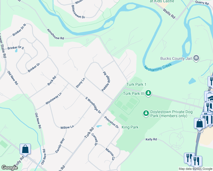 map of restaurants, bars, coffee shops, grocery stores, and more near 227 Pebble Ridge Road in Warrington